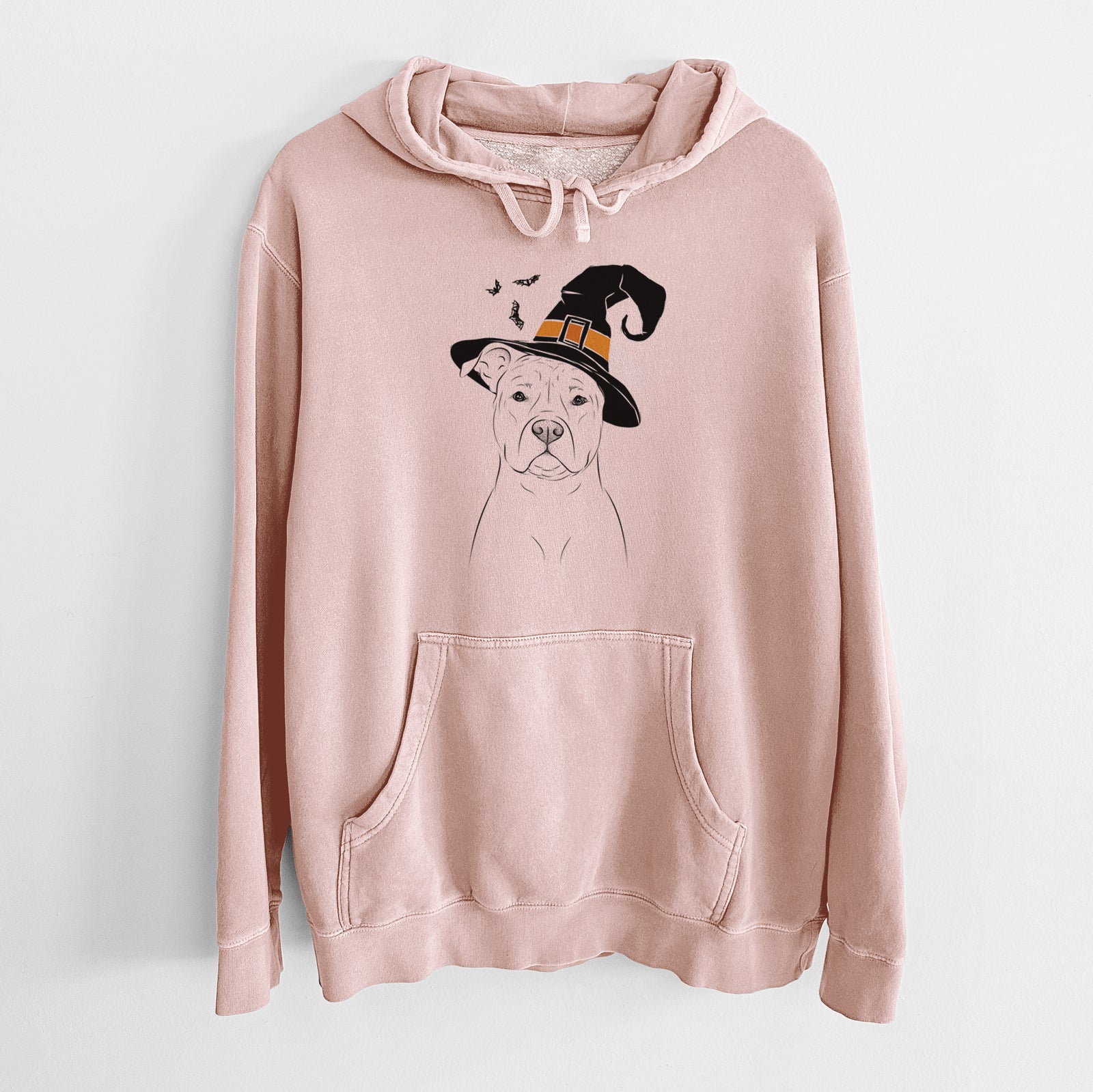 Hand-drawn sketch of Jethro the American Staffordshire Terrier wearing a witch hat on a Dusty Pink Unisex pigment dyed hoodie