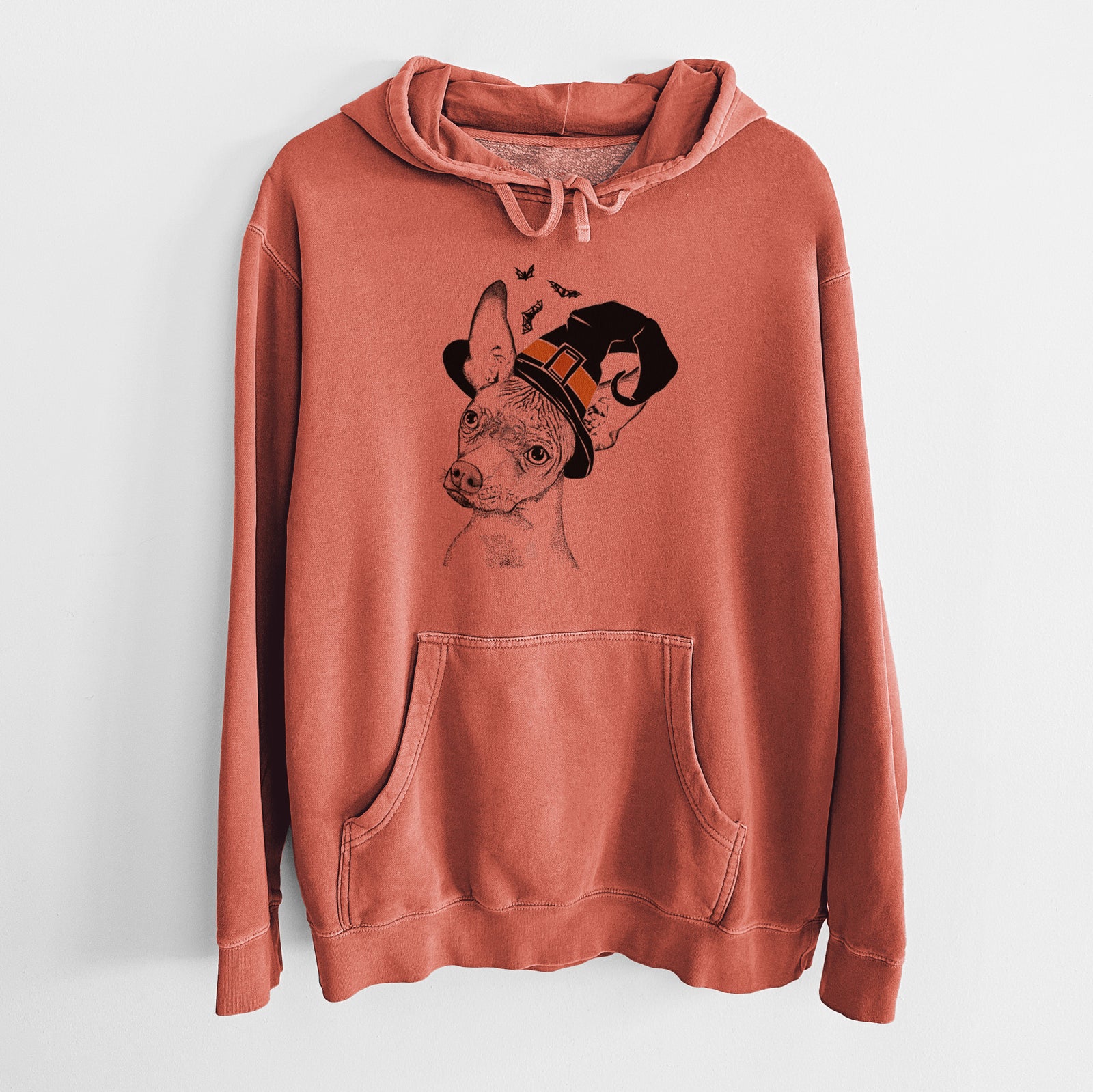 Hand-drawn sketch of Kahlo the Xoloitzcuintli wearing a witch hat on an Amber Unisex pigment dyed hoodie