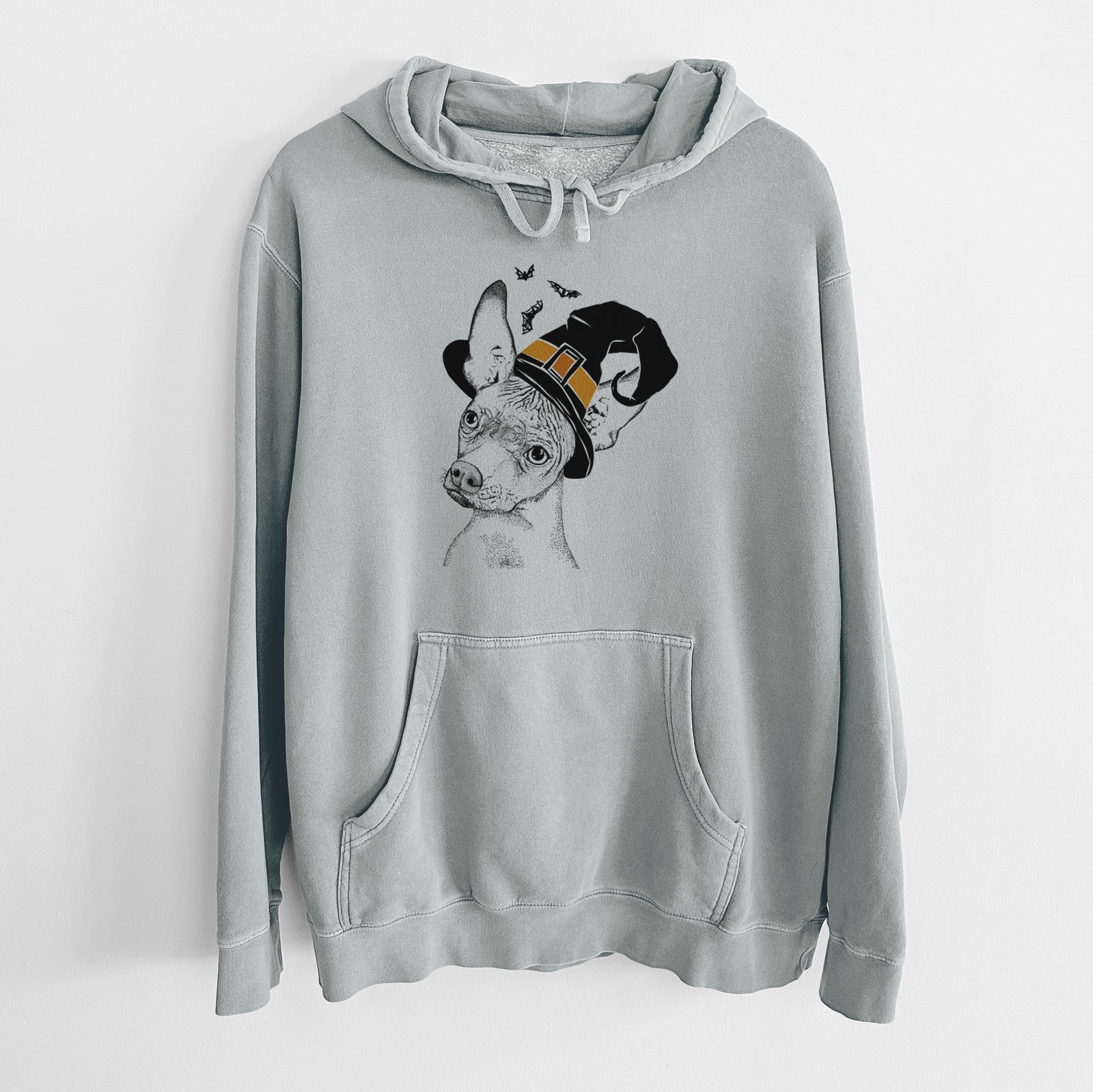 Hand-drawn sketch of Kahlo the Xoloitzcuintli wearing a witch hat on a Sage Unisex pigment dyed hoodie