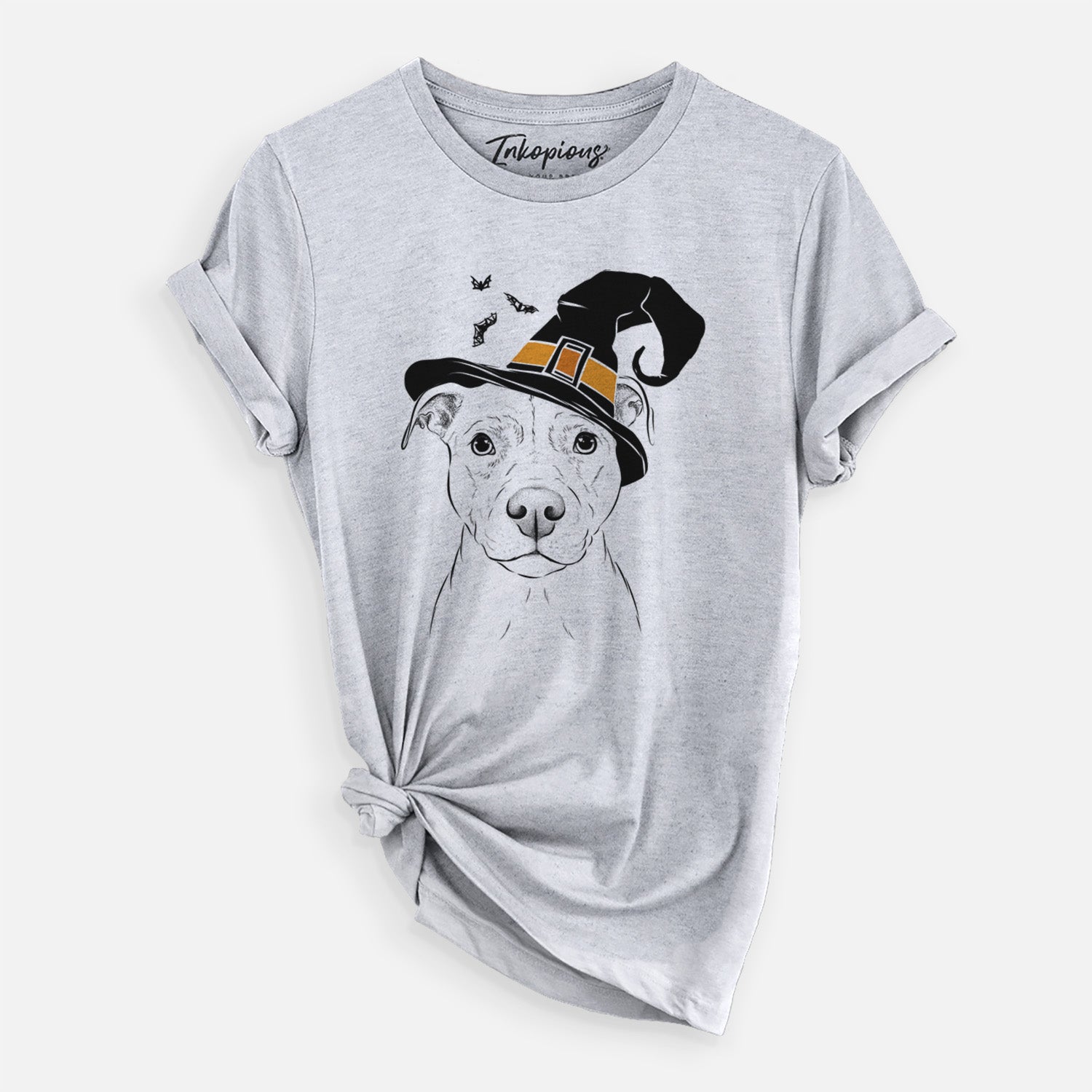 Hand-drawn sketch of Khaleesi the Pitbull wearing a witch hat on a Grey Unisex crewneck