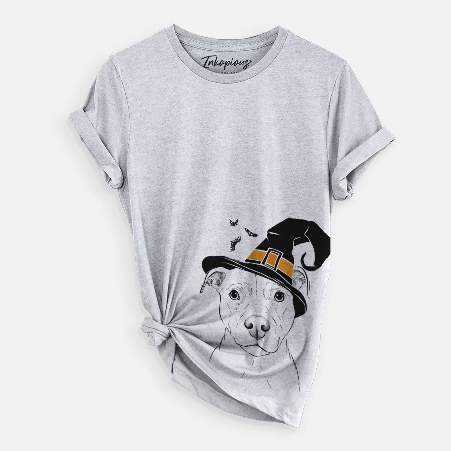 Hand-drawn sketch of Khaleesi the Pitbull wearing a witch hat on a Grey Unisex crewneck