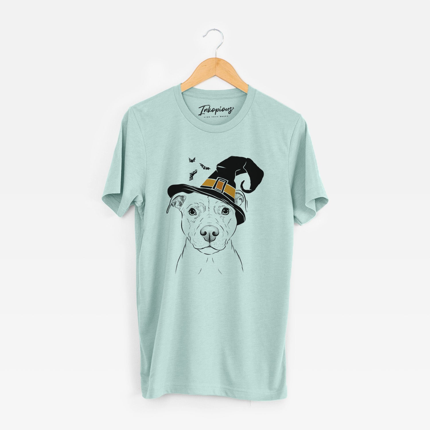 Hand-drawn sketch of Khaleesi the Pitbull wearing a witch hat on a Heather Sage Unisex crewneck