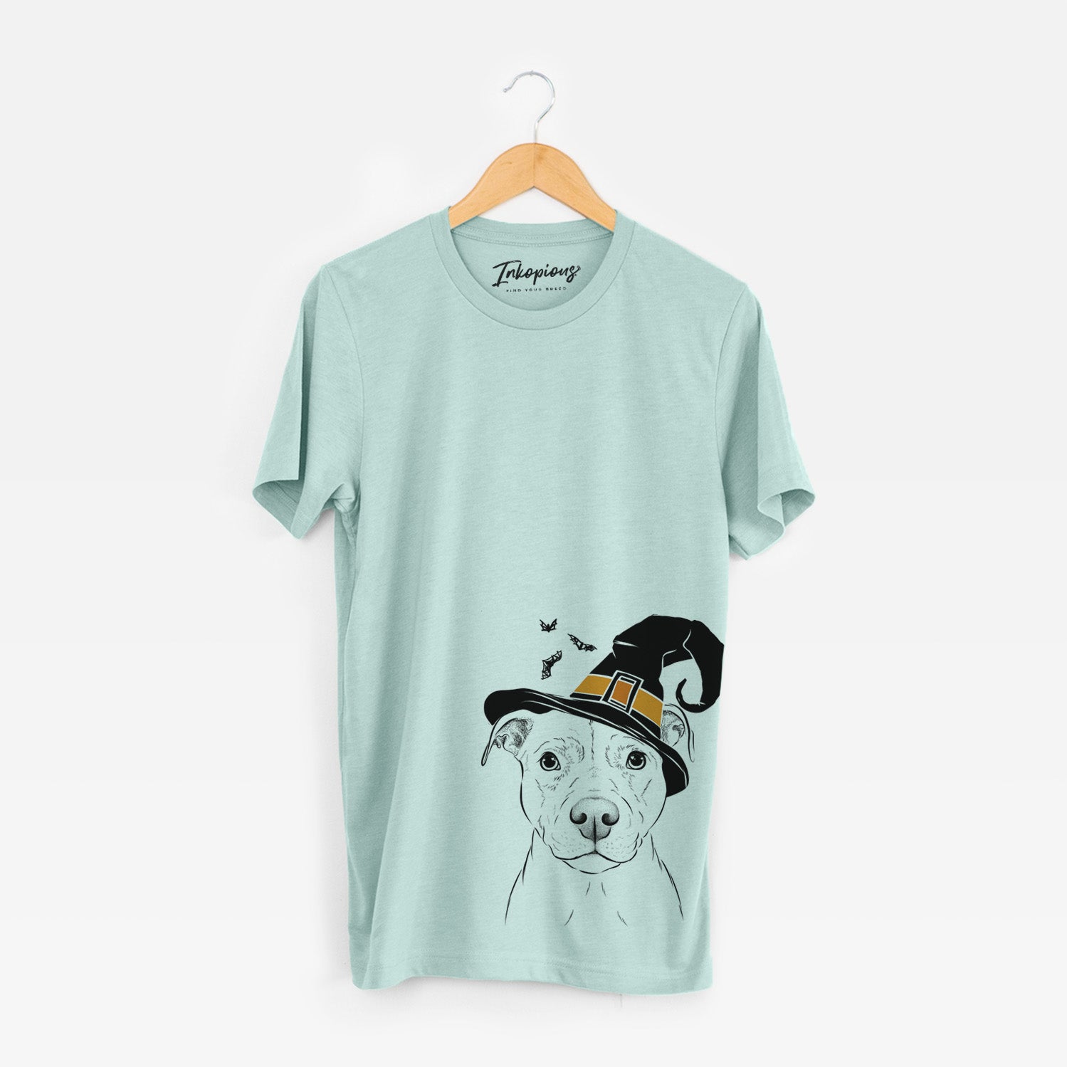 Hand-drawn sketch of Khaleesi the Pitbull wearing a witch hat on a Heather Sage Unisex crewneck
