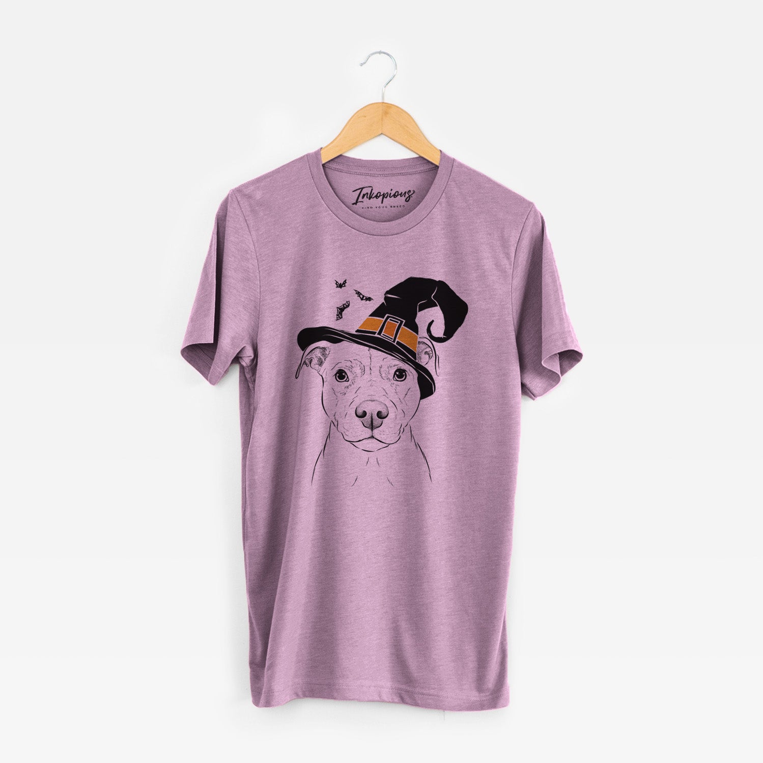 Hand-drawn sketch of Khaleesi the Pitbull wearing a witch hat on an Orchid Unisex crewneck