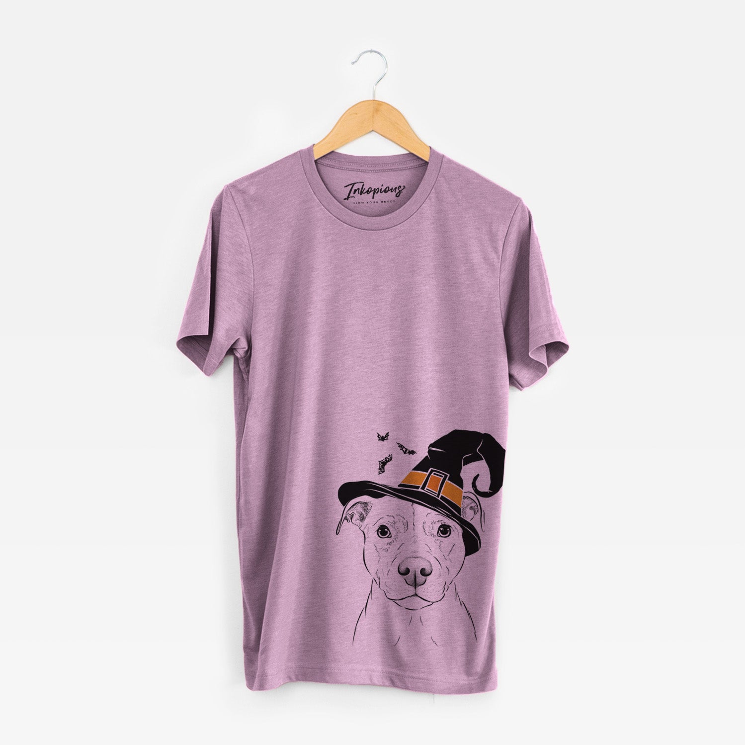 Hand-drawn sketch of Khaleesi the Pitbull wearing a witch hat on an Orchid Unisex crewneck