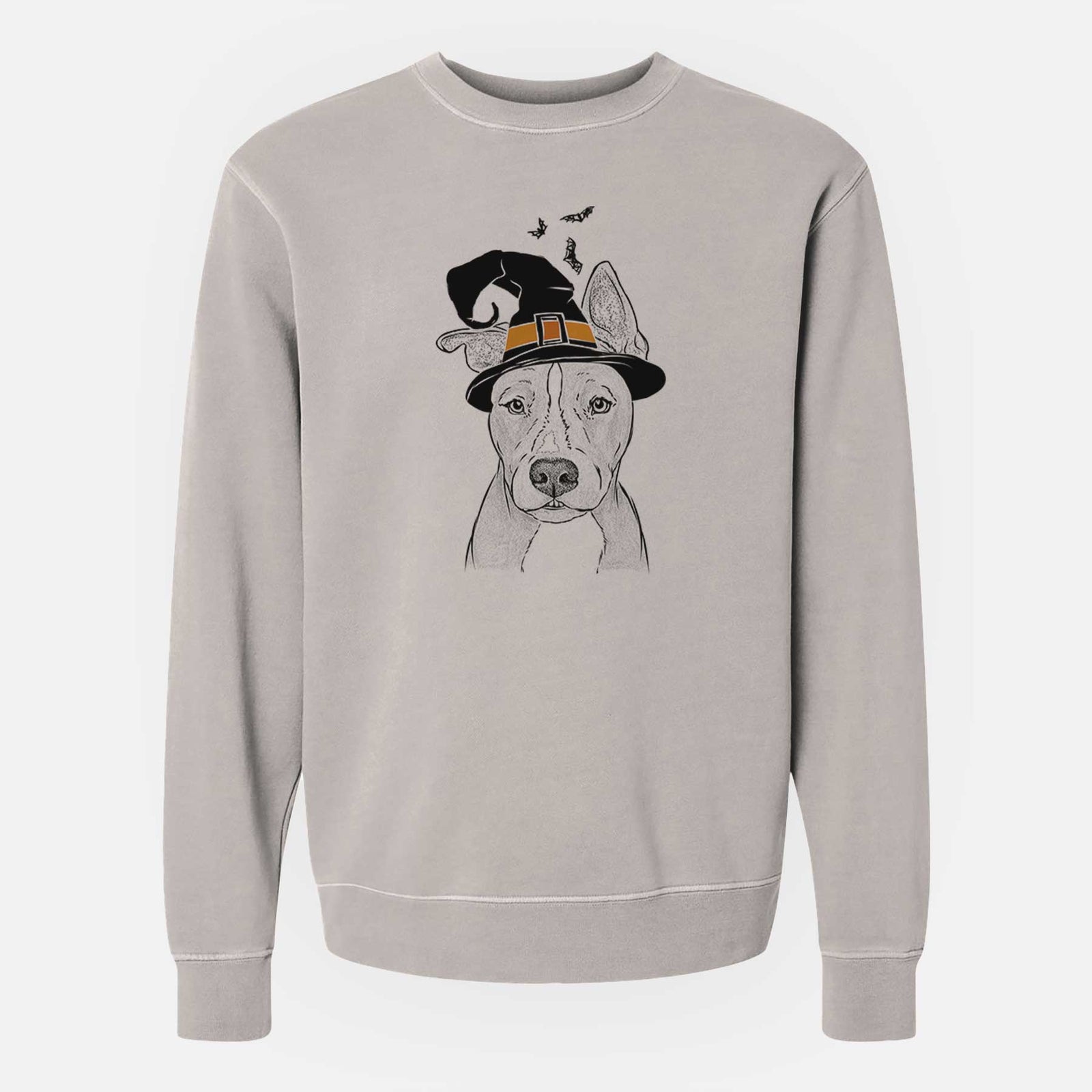 Hand-drawn sketch of Kisses the Pitbull wearing a witch hat on a Cement Unisex pigment dyed crew sweatshirt