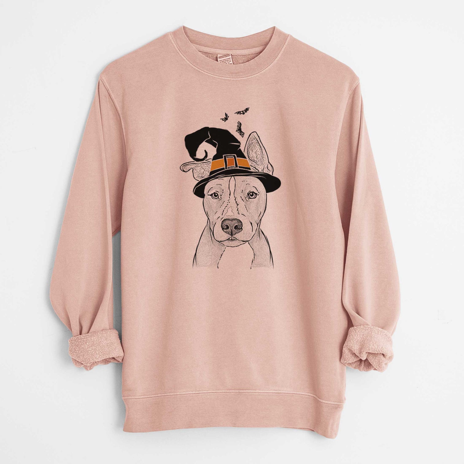Hand-drawn sketch of Kisses the Pitbull wearing a witch hat on a Dusty Pink Unisex pigment dyed crew sweatshirt