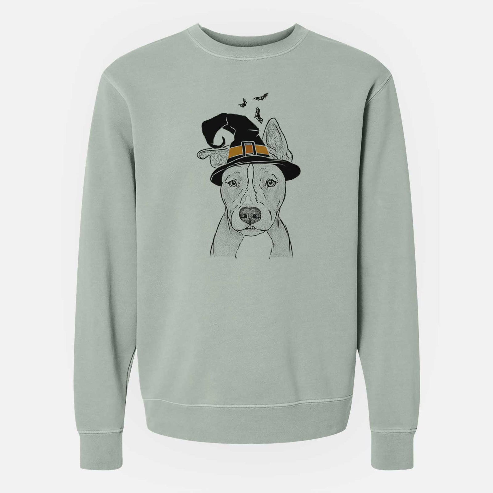 Hand-drawn sketch of Kisses the Pitbull wearing a witch hat on a Sage Unisex pigment dyed crew sweatshirt
