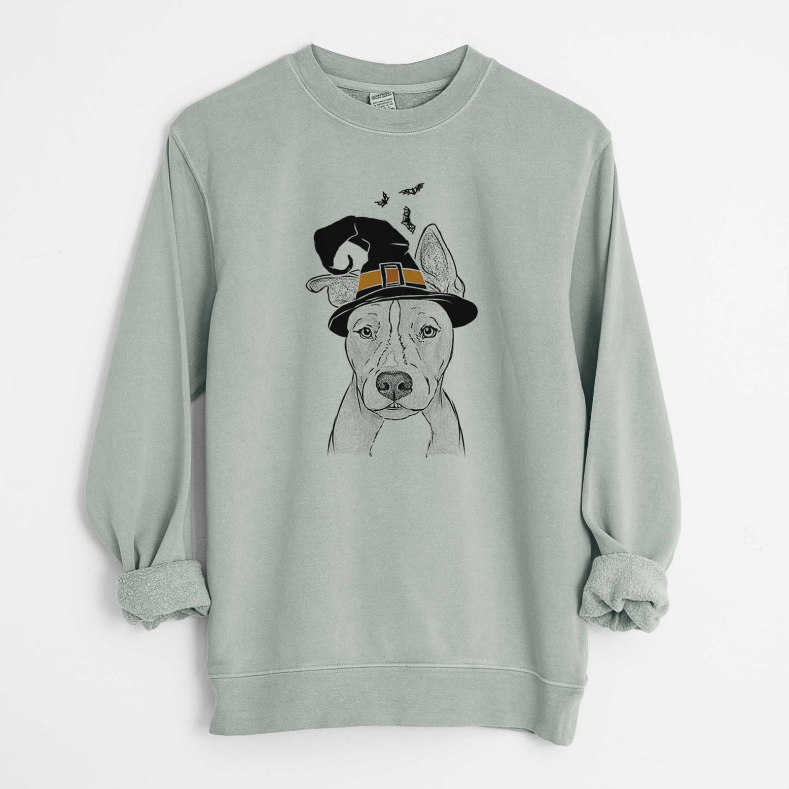 Hand-drawn sketch of Kisses the Pitbull wearing a witch hat on a Sage Unisex pigment dyed crew sweatshirt