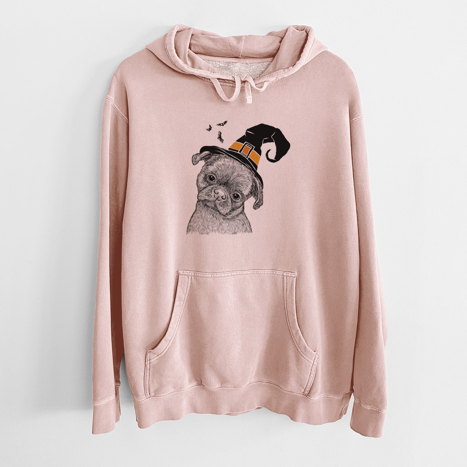 Hand-drawn sketch of Koko the Shih Tzu wearing a witch hat on a Dusty Pink Unisex pigment dyed hoodie