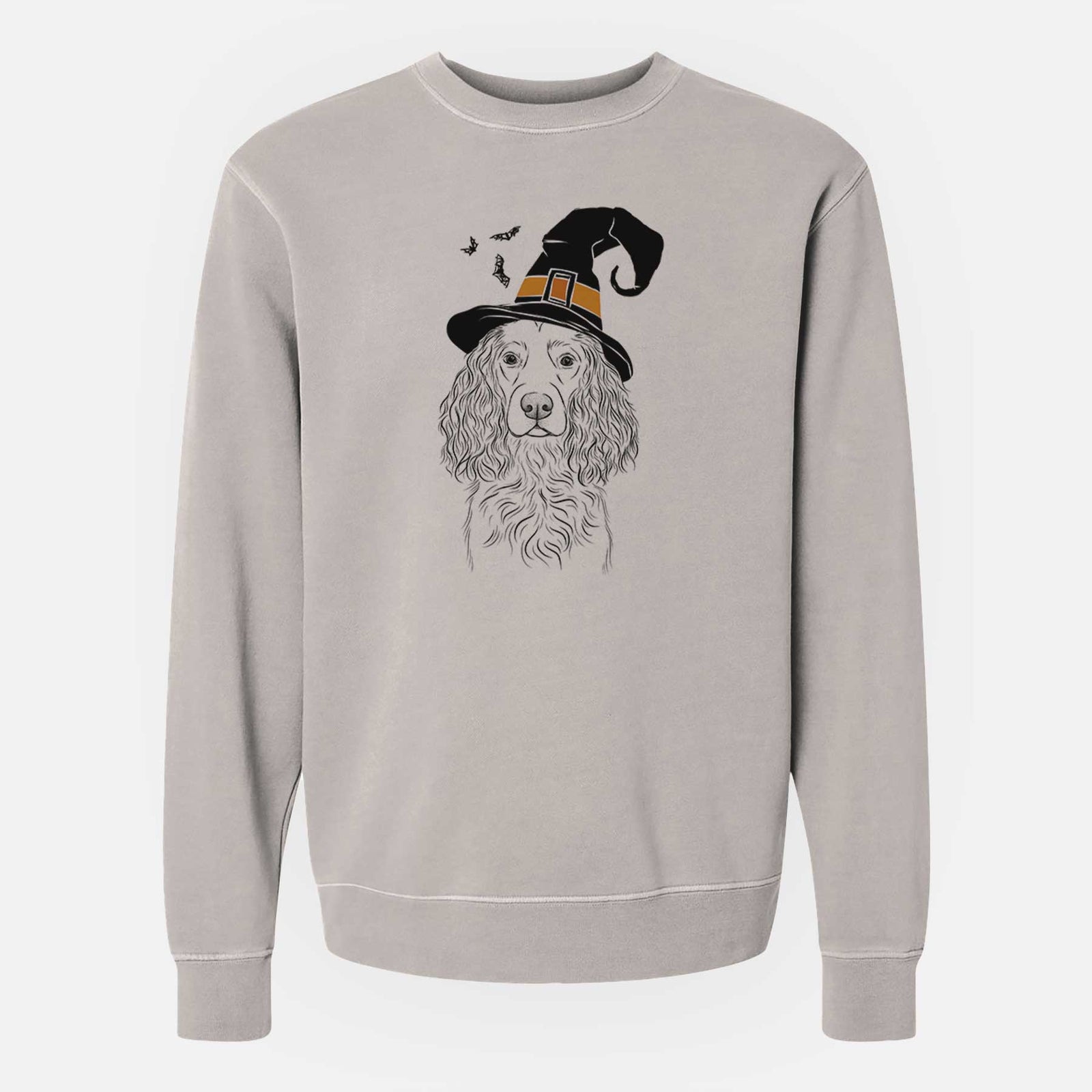 Hand-drawn sketch of Landry the Boykin Spaniel wearing a witch hat on a Cement Unisex pigment dyed crew sweatshirt