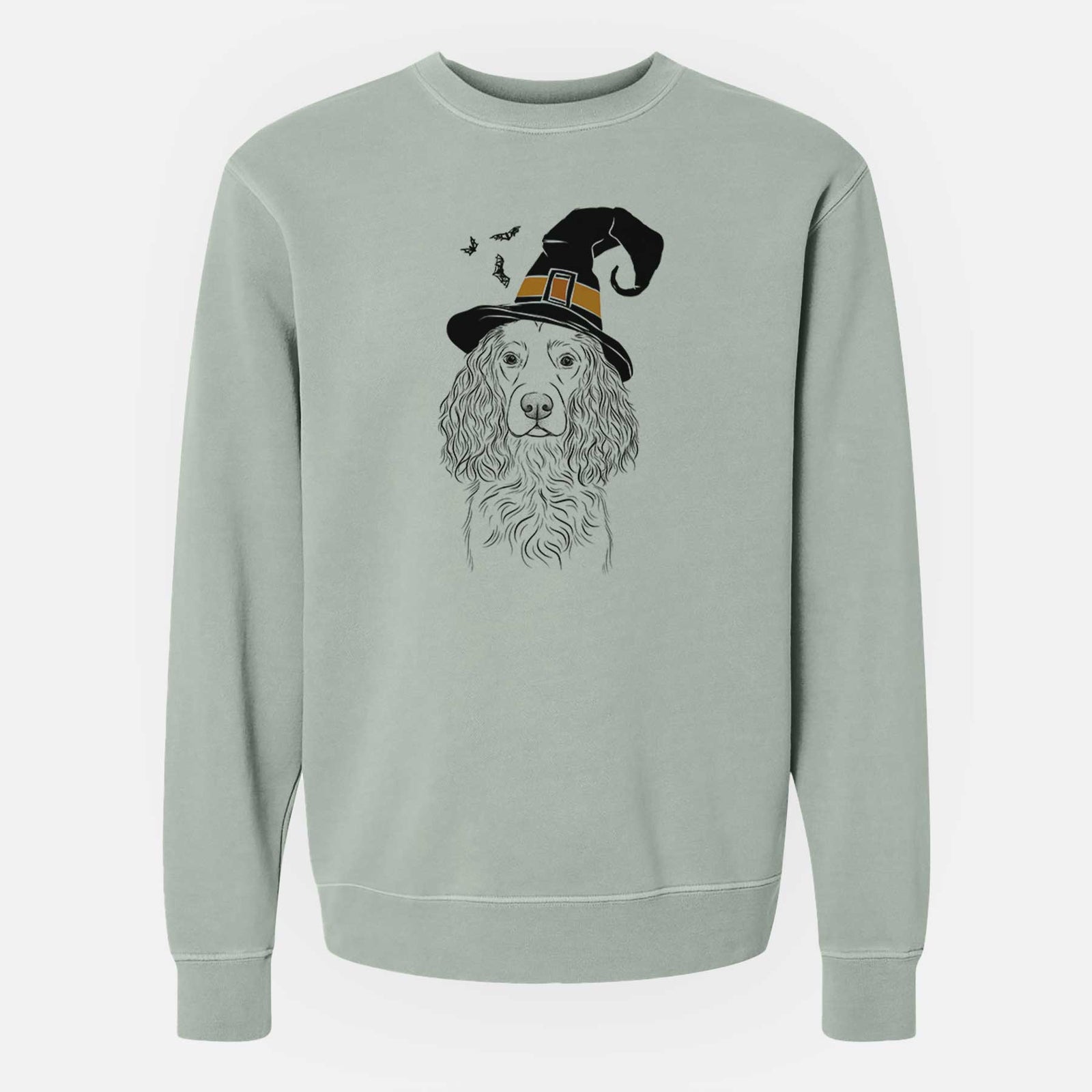 Hand-drawn sketch of Landry the Boykin Spaniel wearing a witch hat on a Sage Unisex pigment dyed crew sweatshirt