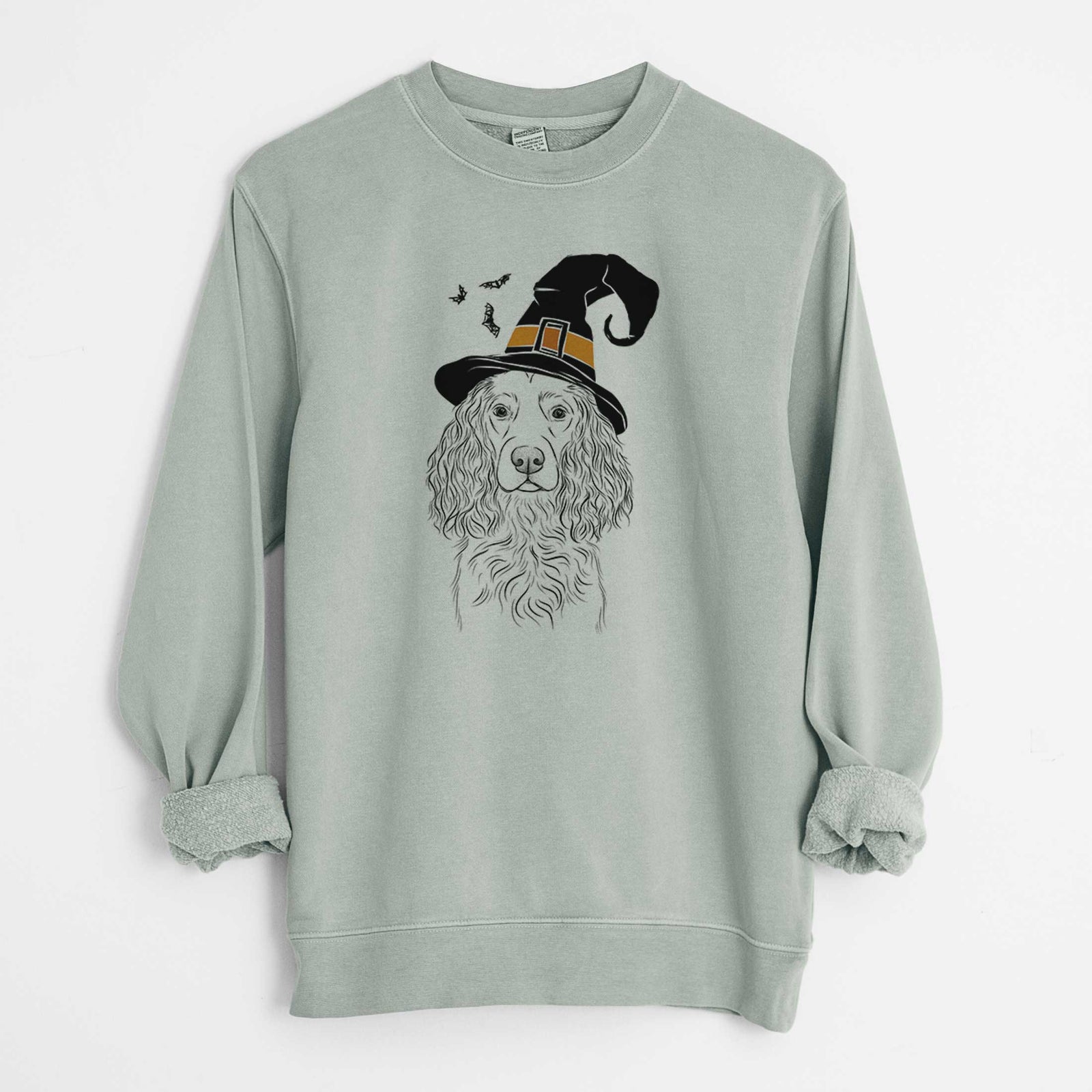 Hand-drawn sketch of Landry the Boykin Spaniel wearing a witch hat on a Sage Unisex pigment dyed crew sweatshirt
