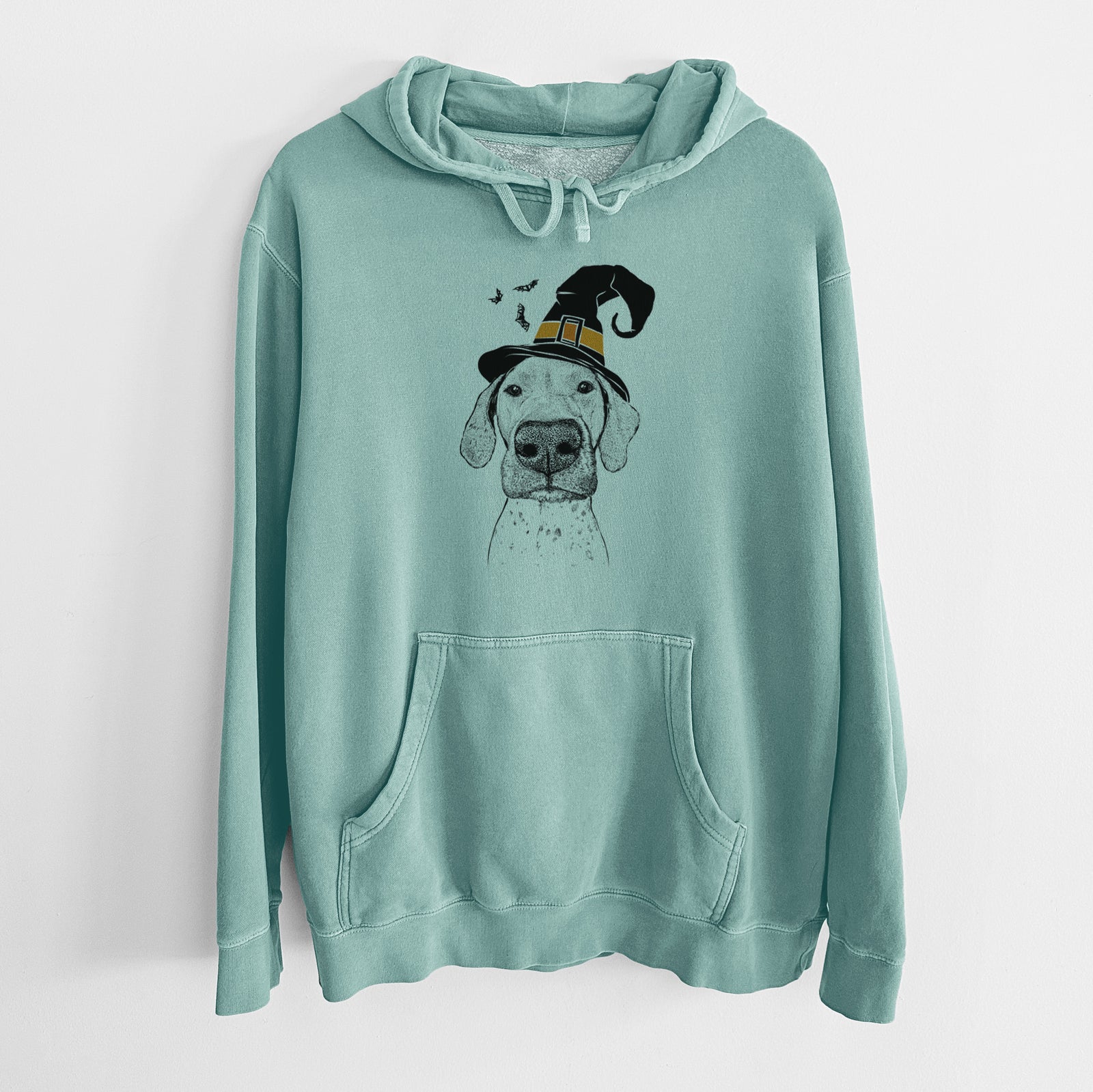 Hand-drawn sketch of Leroy the German Shorthaired Pointer wearing a witch hat on a Mint Unisex pigment dyed hoodie