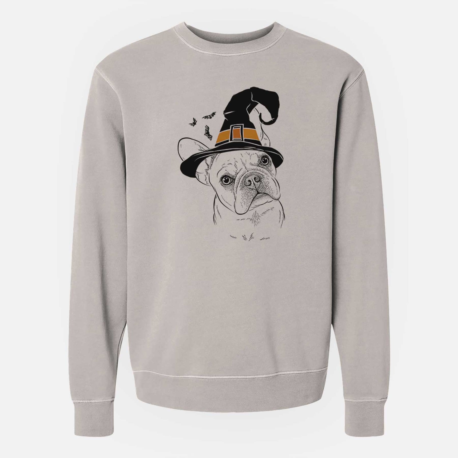 Hand-drawn sketch of Loki the French Bulldog wearing a witch hat on a Cement Unisex pigment dyed crew sweatshirt