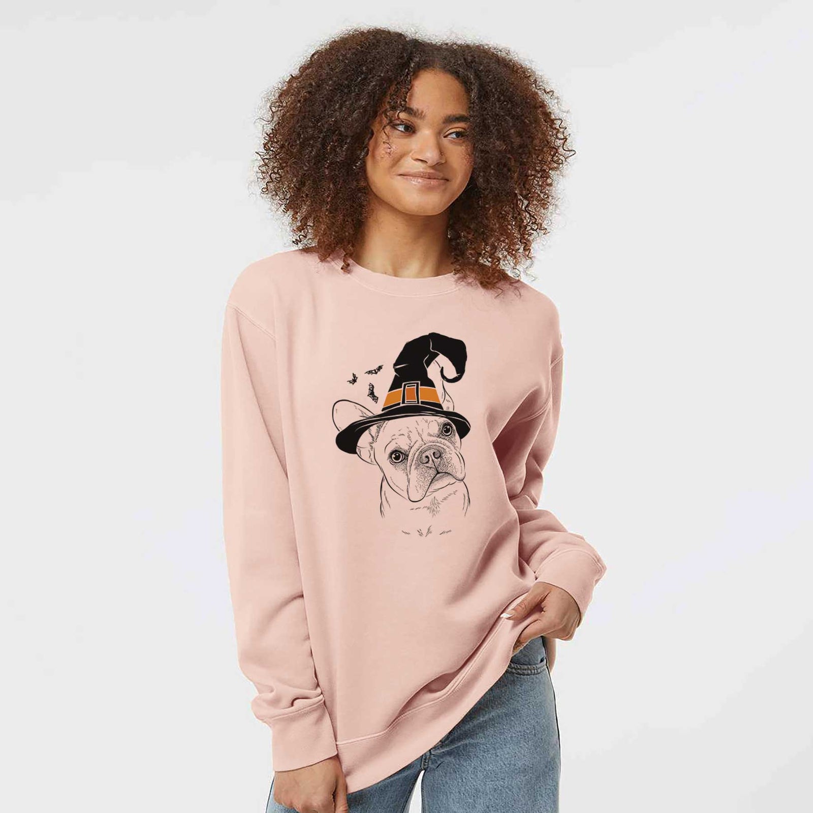 Hand-drawn sketch of Loki the French Bulldog wearing a witch hat on a Dusty Pink Unisex pigment dyed crew sweatshirt