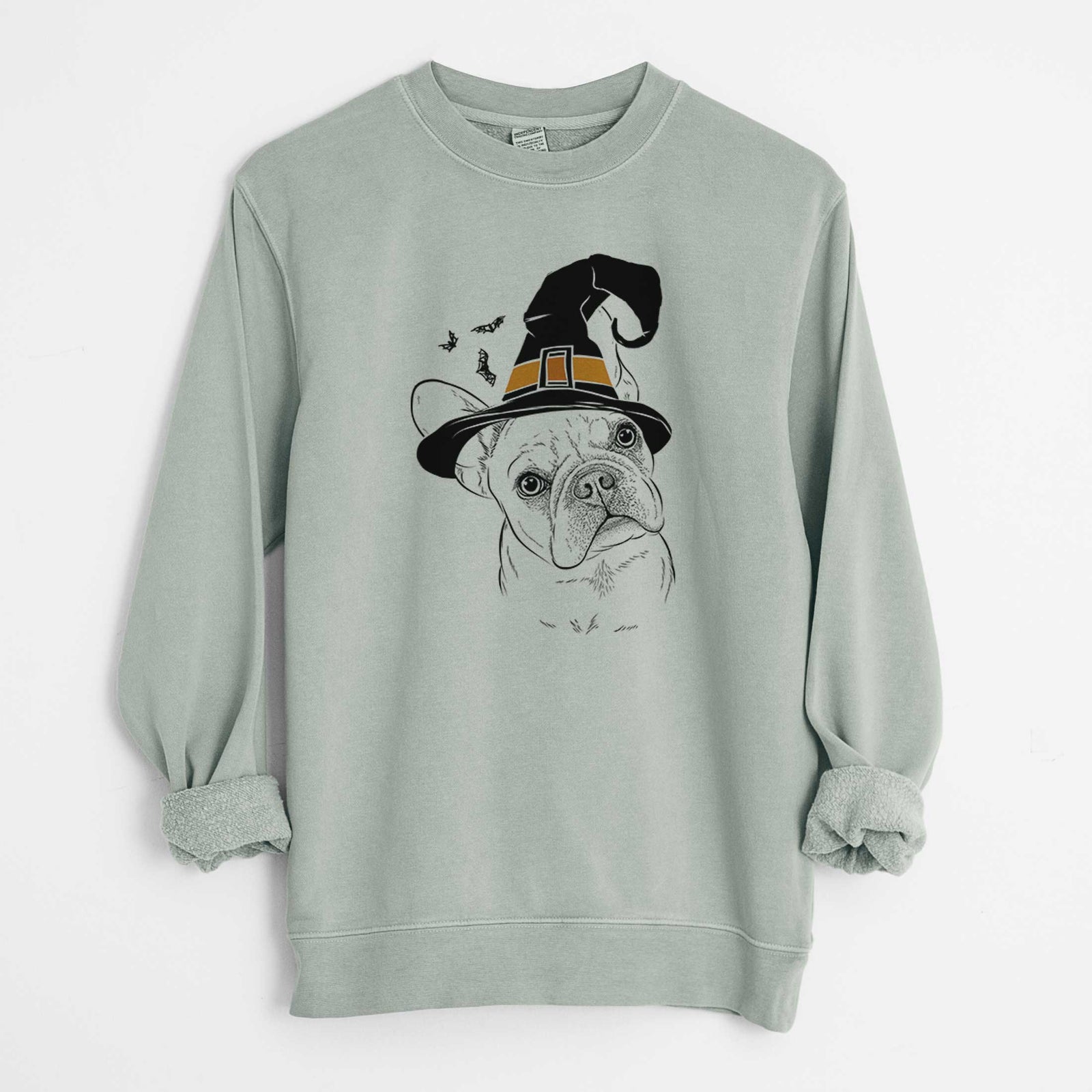 Hand-drawn sketch of Loki the French Bulldog wearing a witch hat on a Sage Unisex pigment dyed crew sweatshirt