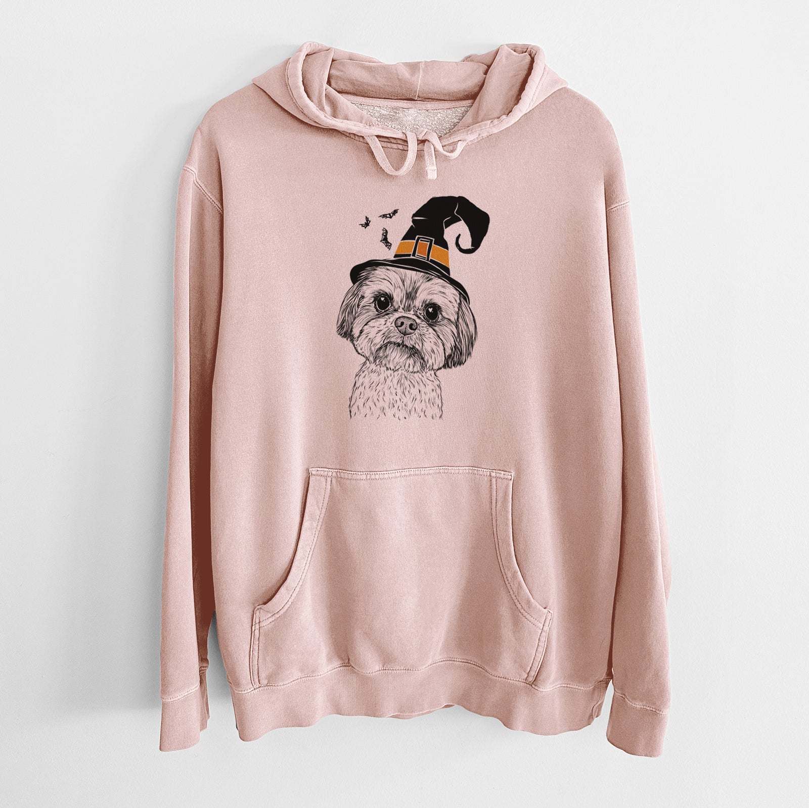 Hand-drawn sketch of Lucy the Shorkie wearing a witch hat on a Dusty Pink Unisex pigment dyed hoodie