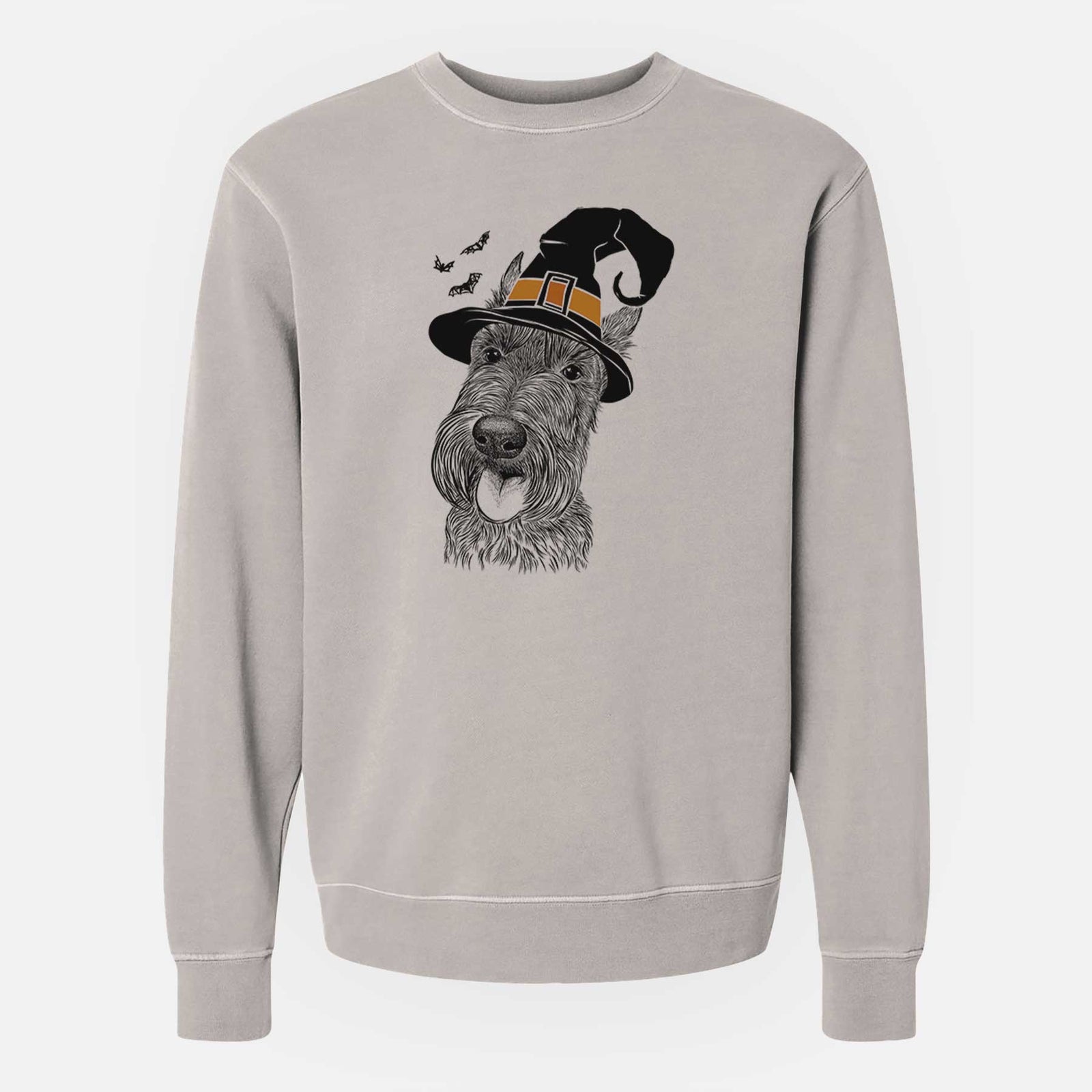 Hand-drawn sketch of Magnus the Scottish Terrier wearing a witch hat on a Cement Unisex pigment dyed crew sweatshirt