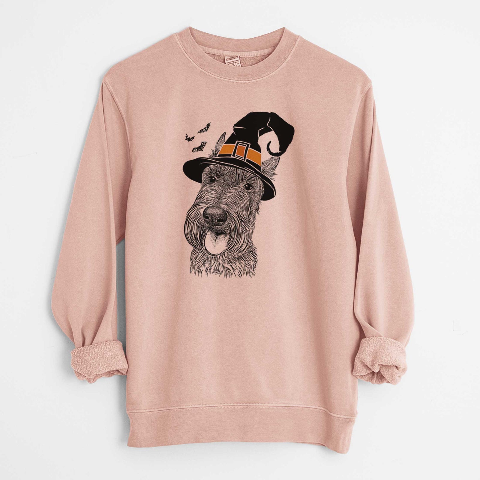 Hand-drawn sketch of Magnus the Scottish Terrier wearing a witch hat on a Dusty Pink Unisex pigment dyed crew sweatshirt