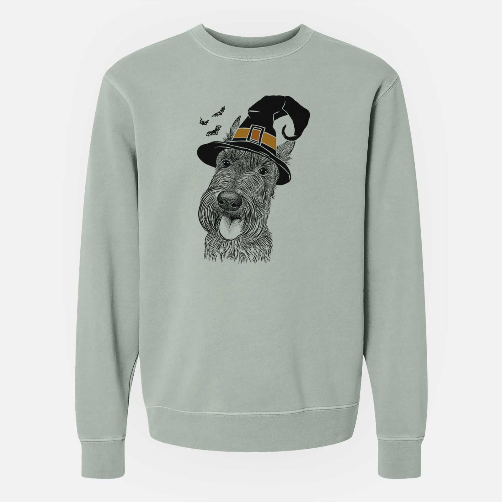 Hand-drawn sketch of Magnus the Scottish Terrier wearing a witch hat on a Sage Unisex pigment dyed crew sweatshirt