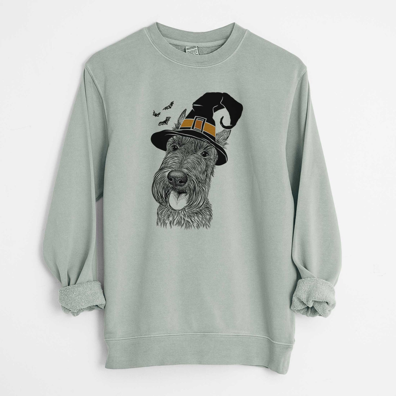 Hand-drawn sketch of Magnus the Scottish Terrier wearing a witch hat on a Sage Unisex pigment dyed crew sweatshirt