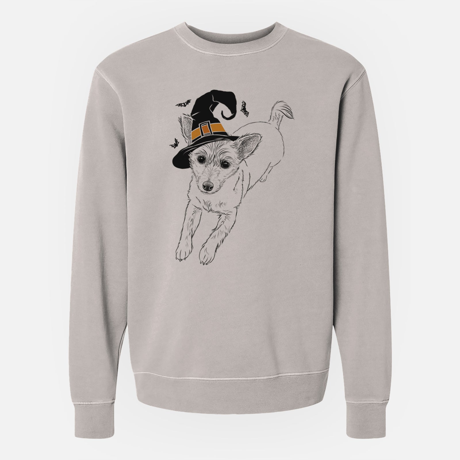 Hand-drawn sketch of Maisie the Terrier Mix wearing a witch hat on a Cement Unisex pigment dyed crew sweatshirt