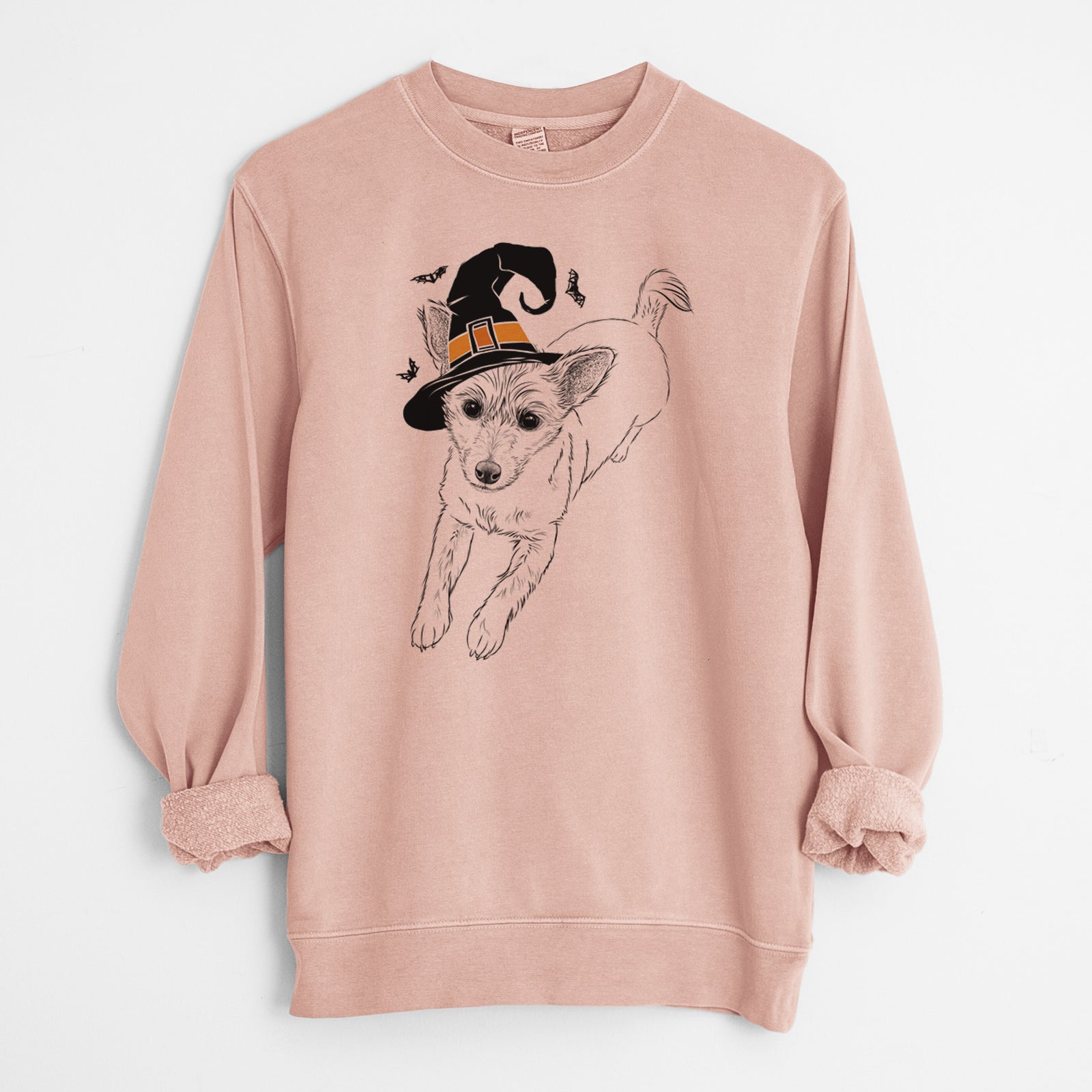 Hand-drawn sketch of Maisie the Terrier Mix wearing a witch hat on a Dusty Pink Unisex pigment dyed crew sweatshirt