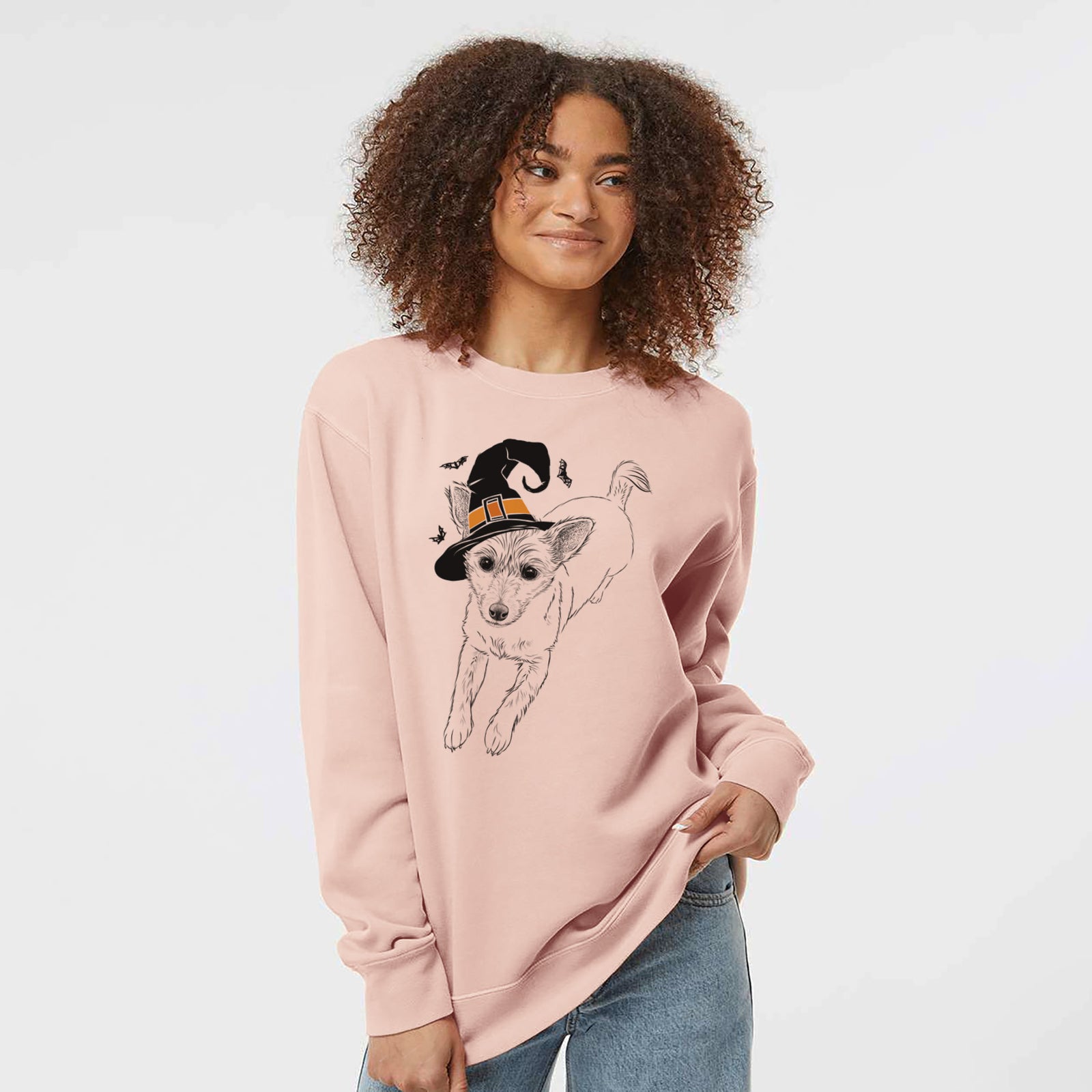 Hand-drawn sketch of Maisie the Terrier Mix wearing a witch hat on a Dusty Pink Unisex pigment dyed crew sweatshirt