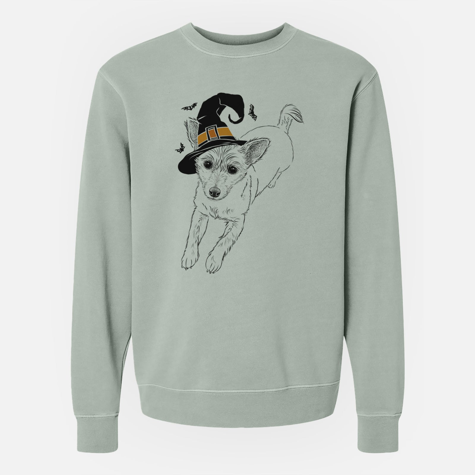 Hand-drawn sketch of Maisie the Terrier Mix wearing a witch hat on a Sage Unisex pigment dyed crew sweatshirt