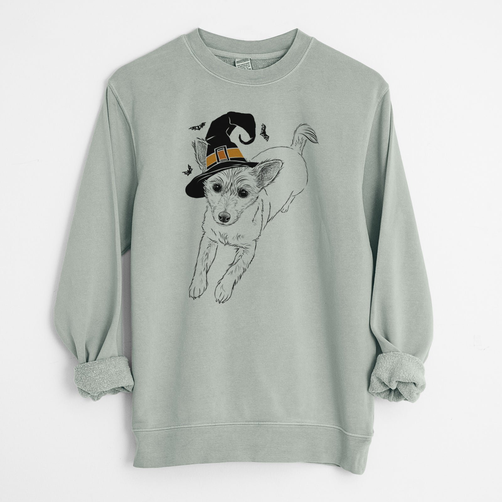 Hand-drawn sketch of Maisie the Terrier Mix wearing a witch hat on a Sage Unisex pigment dyed crew sweatshirt