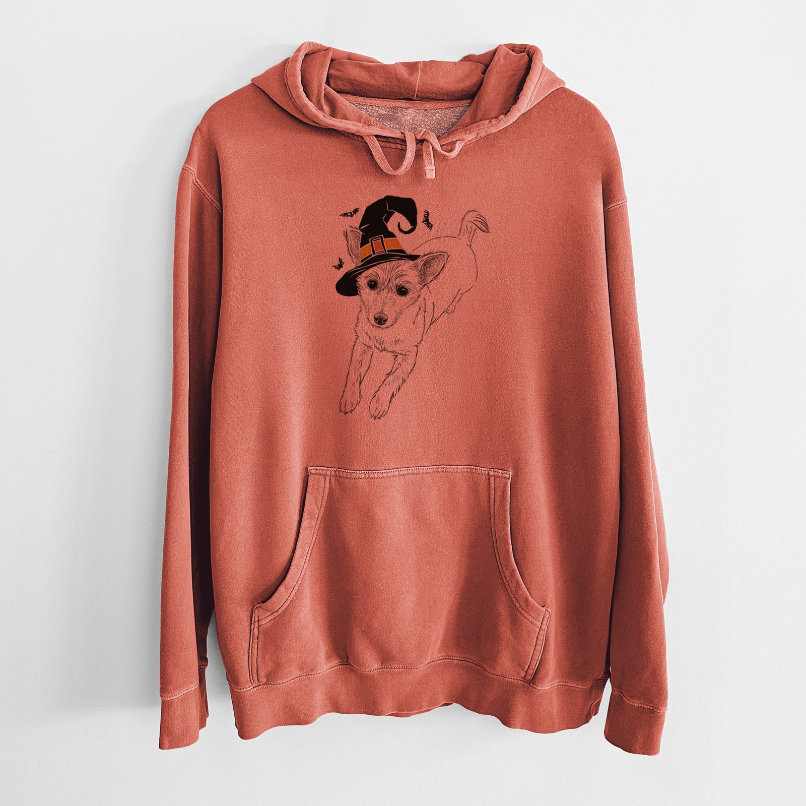 Hand-drawn sketch of Maisie the Terrier Mix wearing a witch hat on an Amber Unisex pigment dyed hoodie