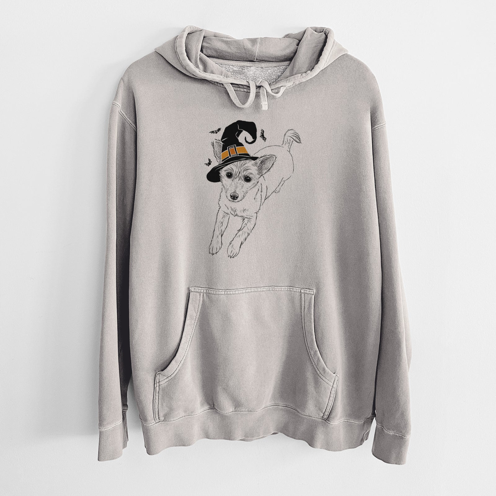 Hand-drawn sketch of Maisie the Terrier Mix wearing a witch hat on a Cement Unisex pigment dyed hoodie