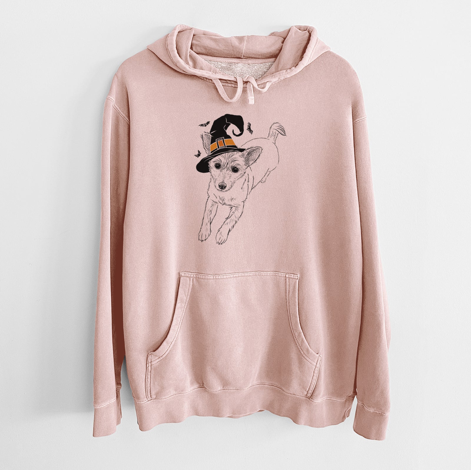 Hand-drawn sketch of Maisie the Terrier Mix wearing a witch hat on a Dusty Pink Unisex pigment dyed hoodie