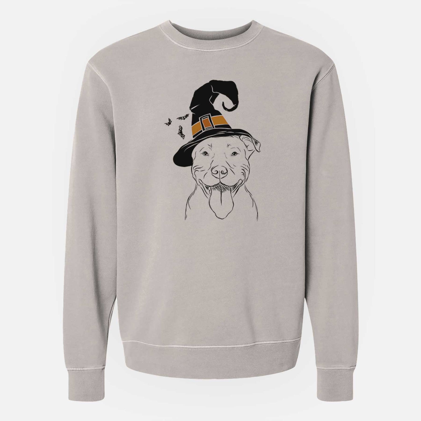 Hand-drawn sketch of Major the Pitbull wearing a witch hat on a Cement Unisex pigment dyed crew sweatshirt