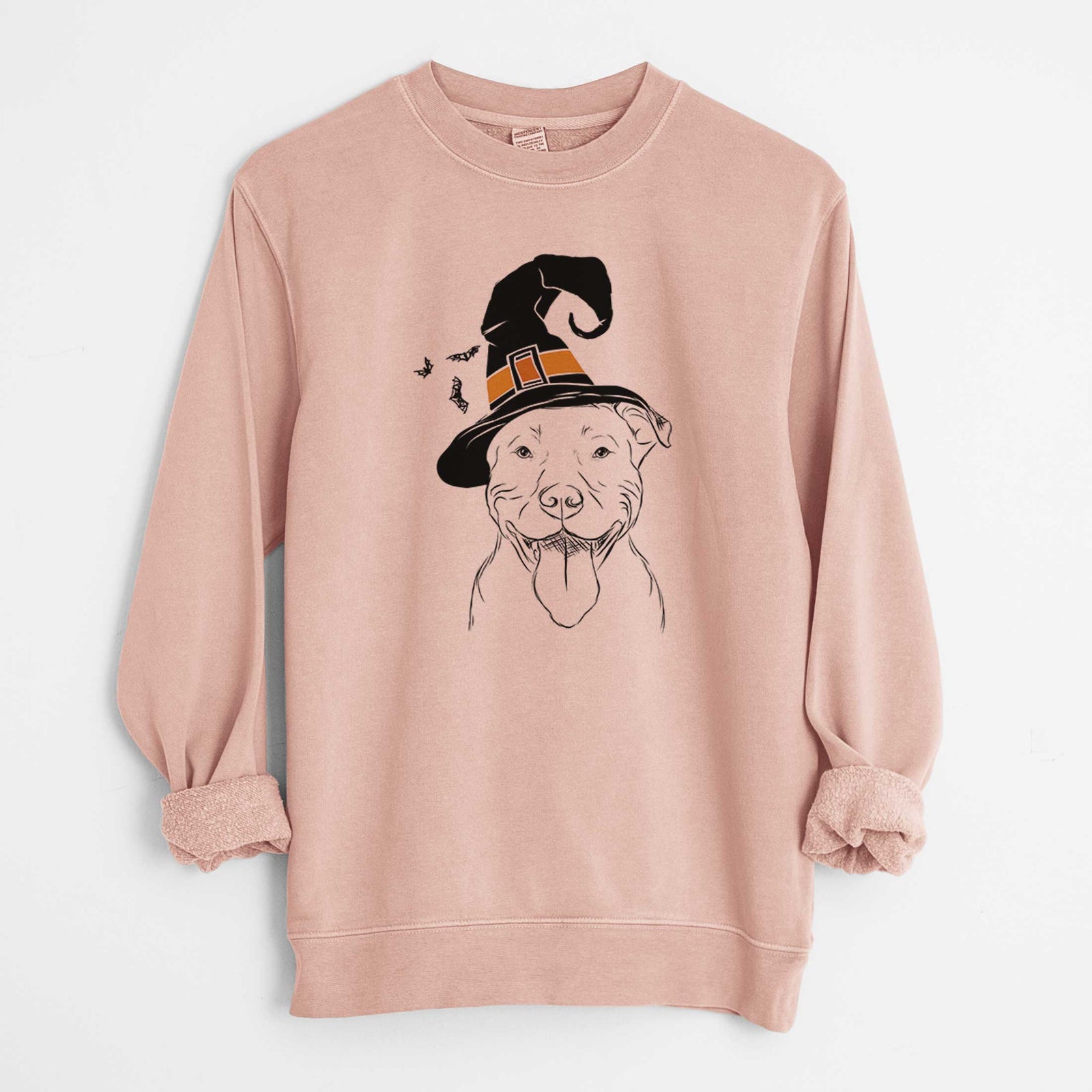 Hand-drawn sketch of Major the Pitbull wearing a witch hat on a Dusty Pink Unisex pigment dyed crew sweatshirt