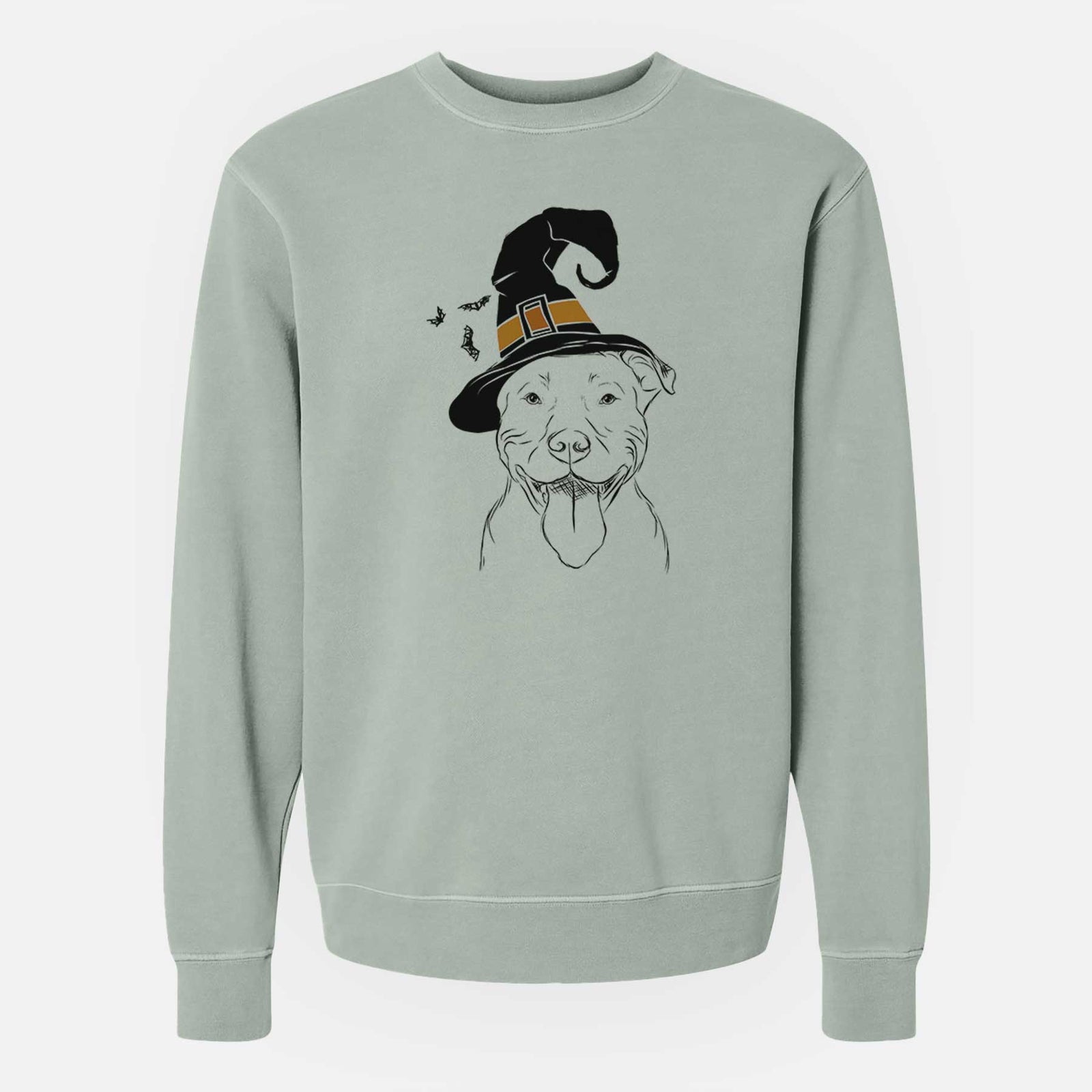Hand-drawn sketch of Major the Pitbull wearing a witch hat on a Sage Unisex pigment dyed crew sweatshirt