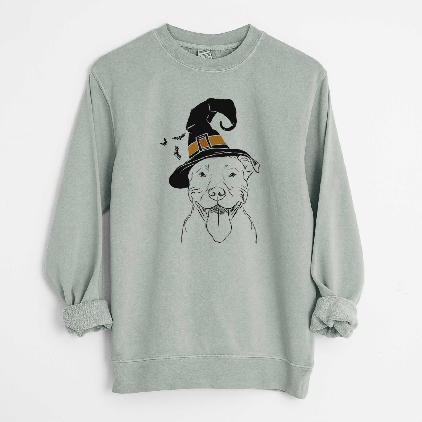 Hand-drawn sketch of Major the Pitbull wearing a witch hat on a Sage Unisex pigment dyed crew sweatshirt