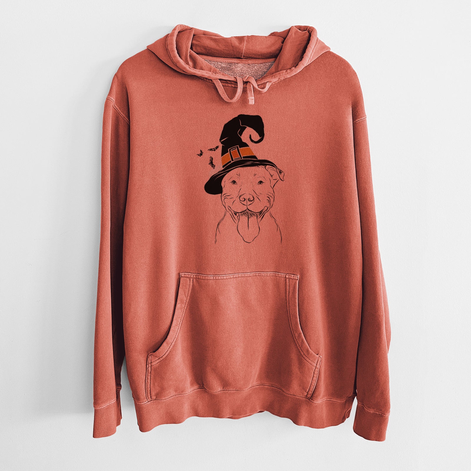 Hand-drawn sketch of Major the Pitbull wearing a witch hat on an Amber Unisex pigment dyed hoodie
