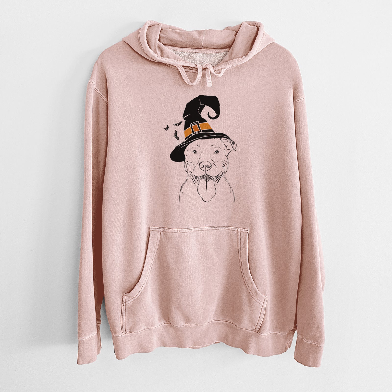 Hand-drawn sketch of Major the Pitbull wearing a witch hat on a Dusty Pink Unisex pigment dyed hoodie