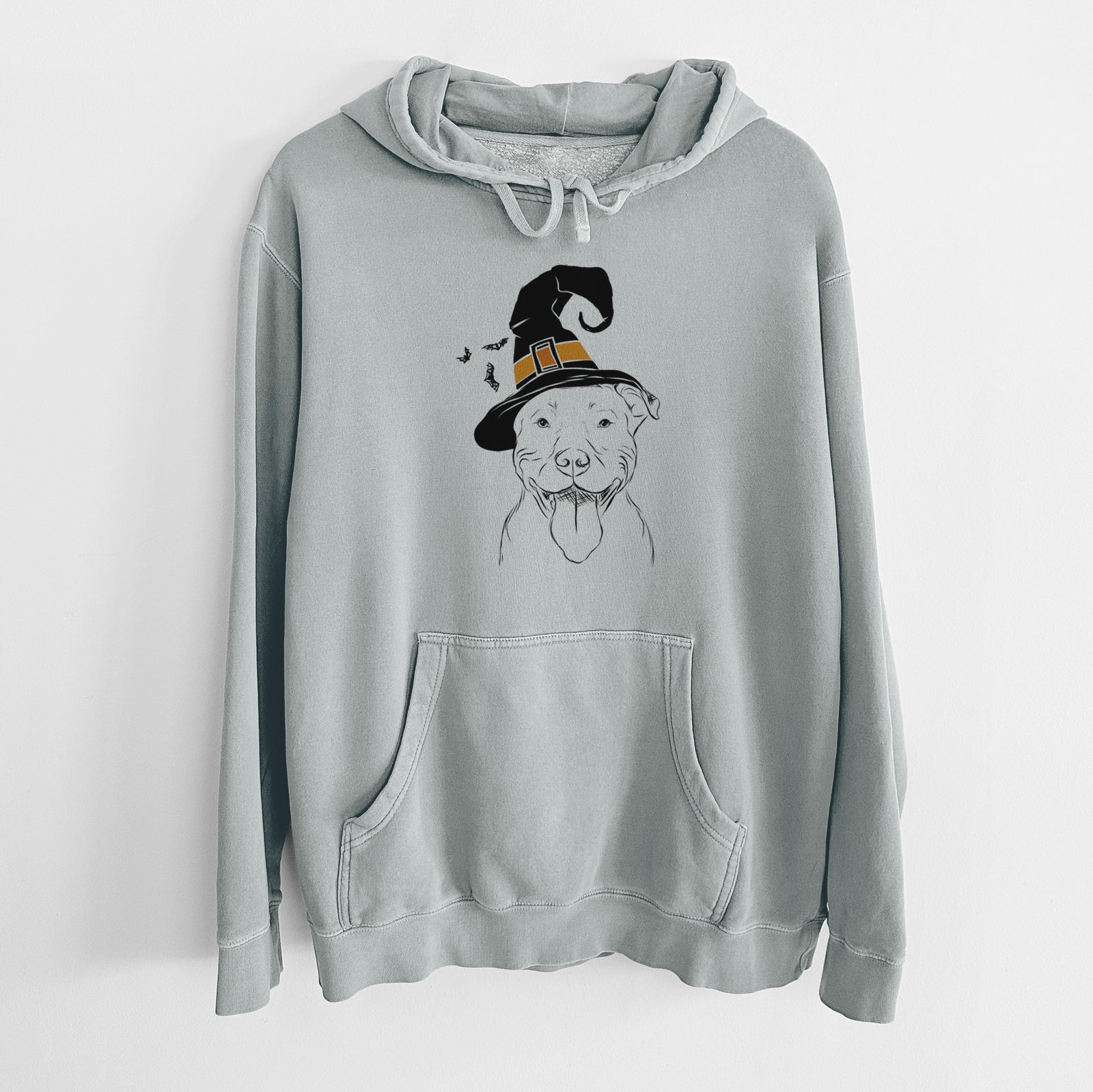 Hand-drawn sketch of Major the Pitbull wearing a witch hat on a Sage Unisex pigment dyed hoodie