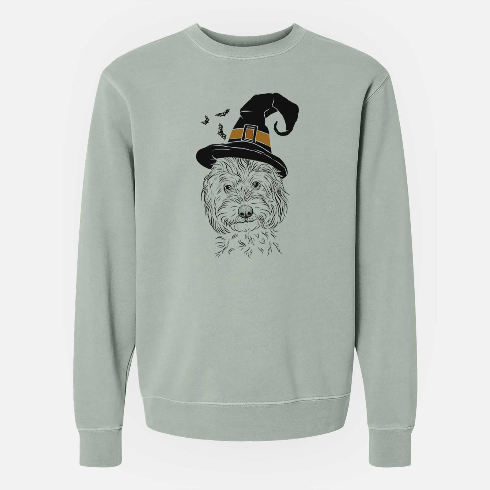 Hand-drawn sketch of Mason the Cavapoo wearing a witch hat on a Sage Unisex pigment dyed crew sweatshirt