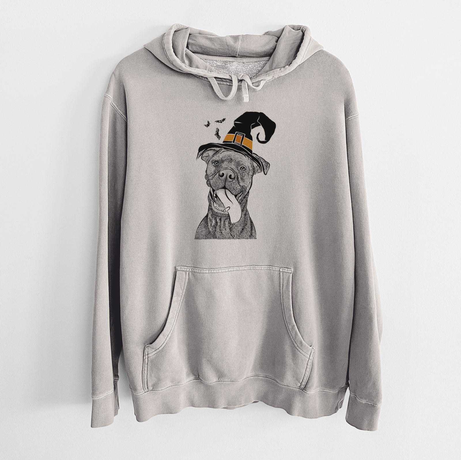 Hand-drawn sketch of Mikey the Boxador wearing a witch hat on a Cement Unisex pigment dyed hoodie