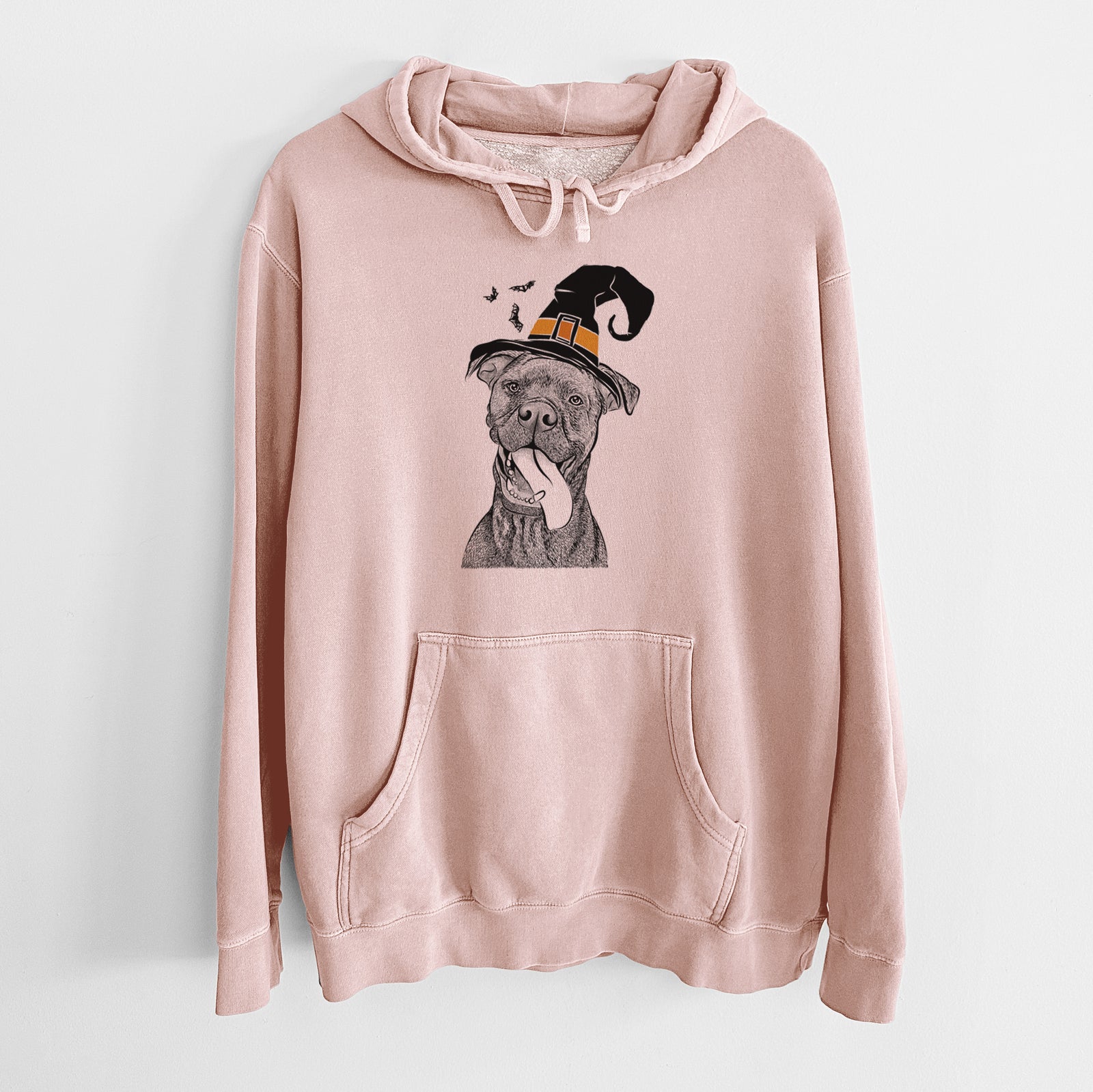 Hand-drawn sketch of Mikey the Boxador wearing a witch hat on a Dusty Pink Unisex pigment dyed hoodie