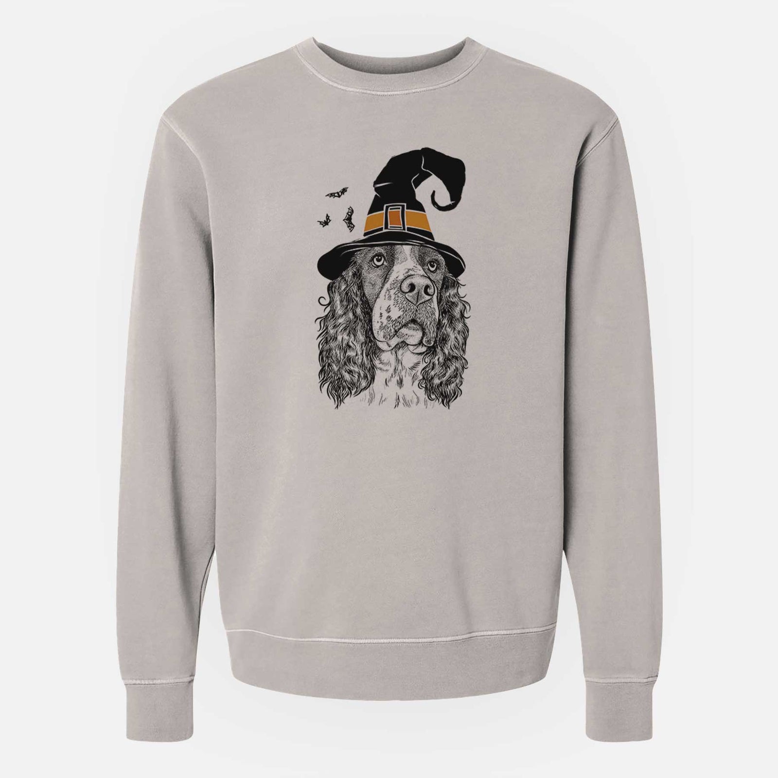 Hand-drawn sketch of Millie Mae the English Springer Spaniel wearing a witch hat on a Cement Unisex pigment dyed crew sweatshirt