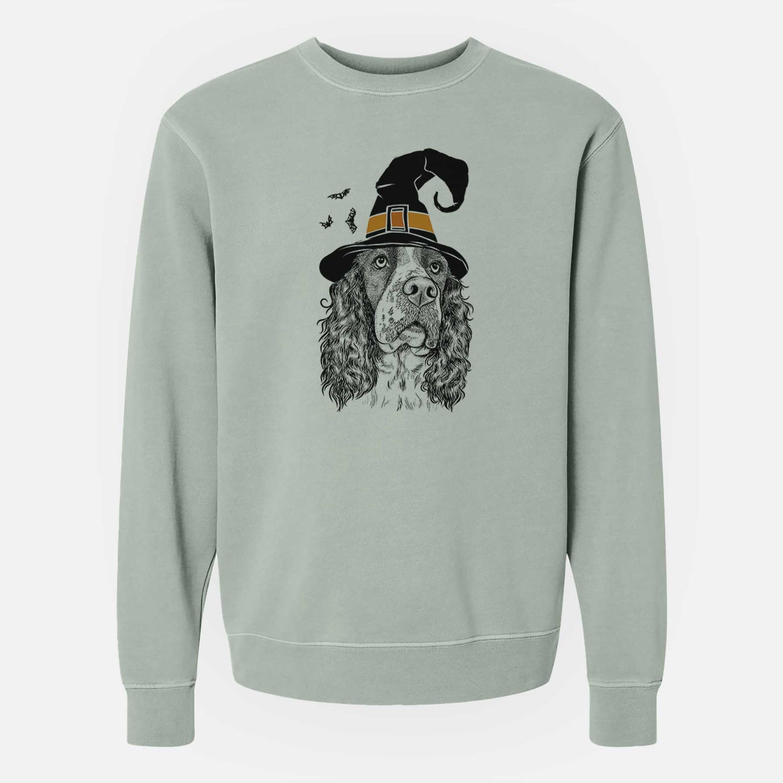Hand-drawn sketch of Millie Mae the English Springer Spaniel wearing a witch hat on a Sage Unisex pigment dyed crew sweatshirt