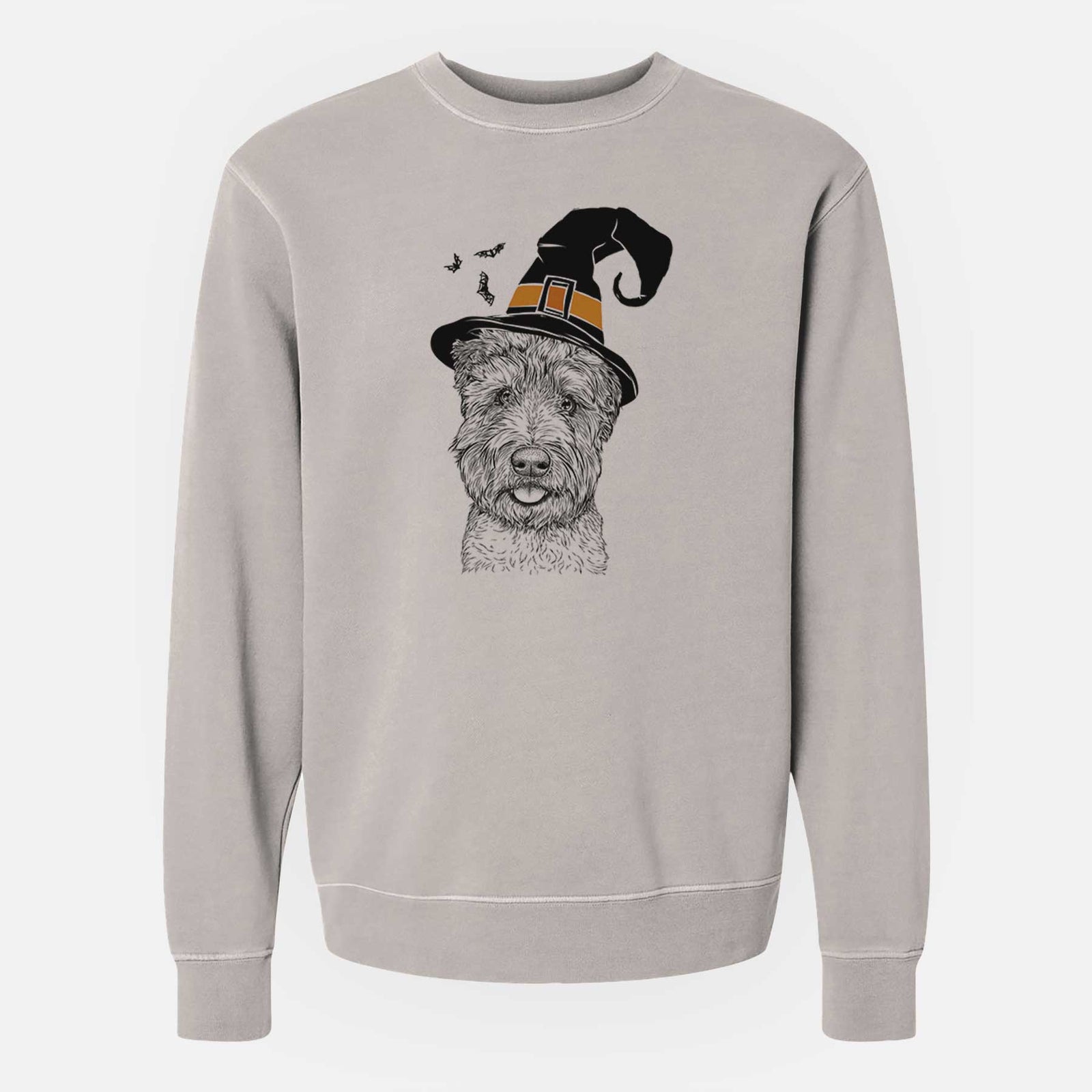 Hand-drawn sketch of Milton the Soft Coated Wheaten Terrier wearing a witch hat on a Cement Unisex pigment dyed crew sweatshirt
