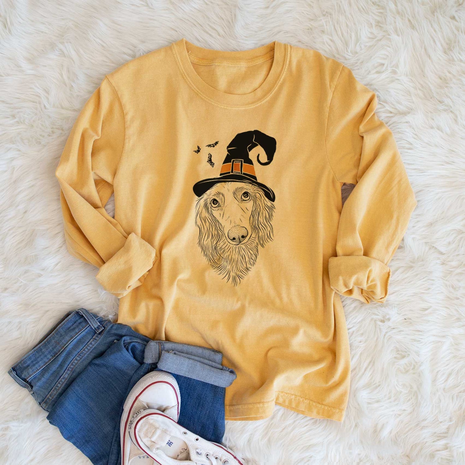 Witch Mr. Rusty the Long Haired Dachshund - Men's Heavyweight 100% Cotton Long Sleeve