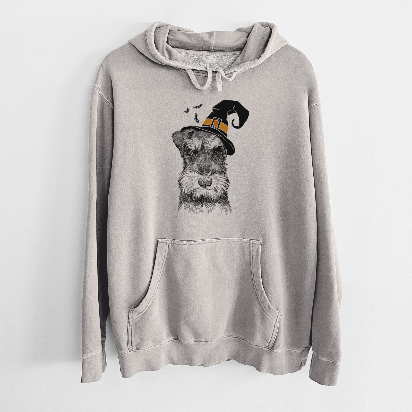 Hand-drawn sketch of Murphy the Mini Schnauzer wearing a witch hat on a Cement Unisex pigment dyed hoodie