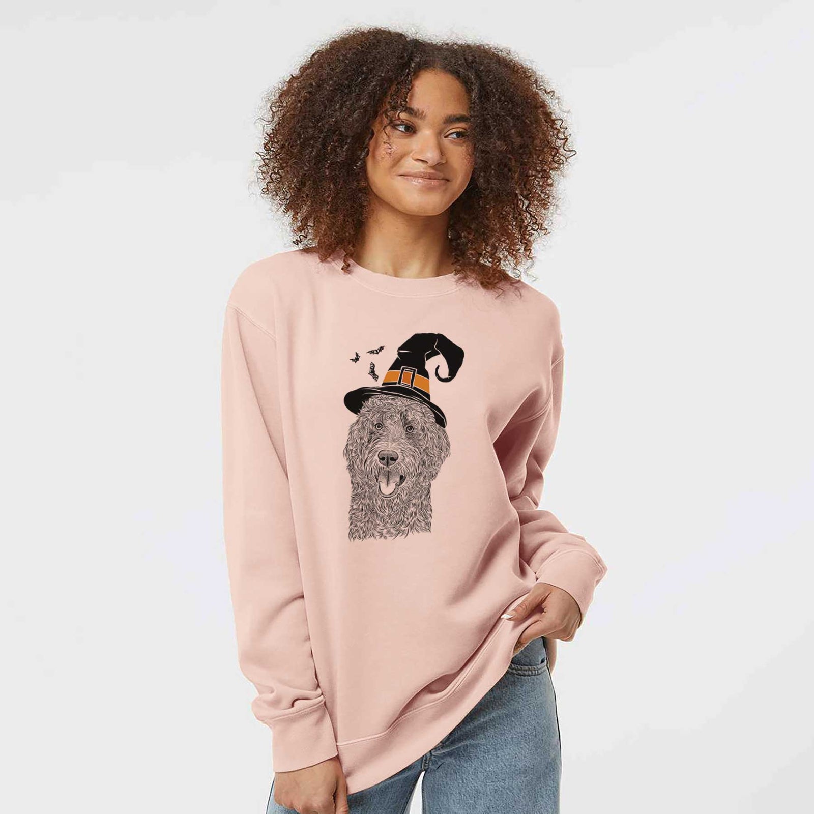 Hand-drawn sketch of Murr Dog the Labradoodle wearing a witch hat on a Dusty Pink Unisex pigment dyed crew sweatshirt